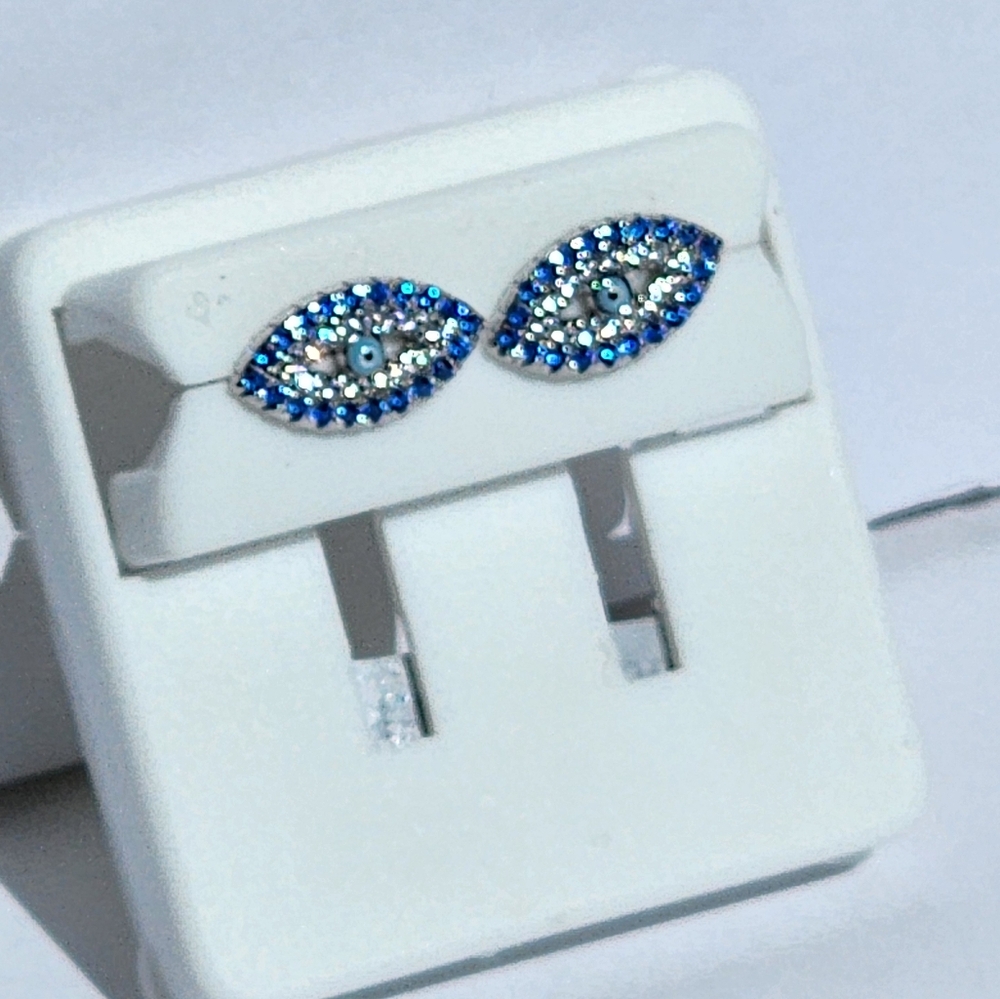 Blue Evil Eye Women's Sterling Silver 925 Cubic Zirconia Studded Earrings - Picture 3 of 5